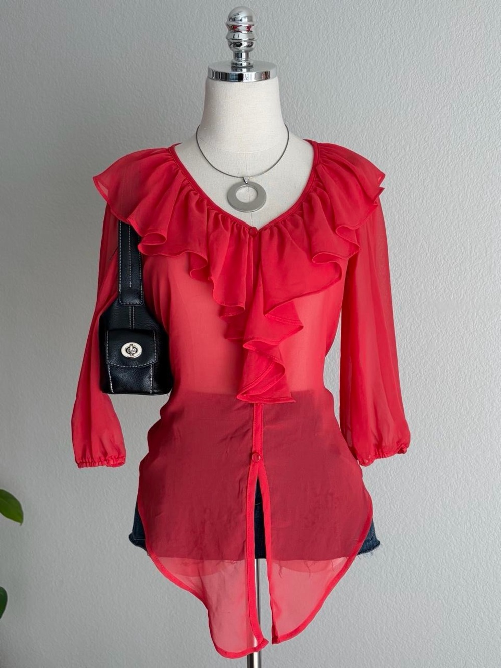 Red Ruffle-Front Sheer Blouse - Picture 2 of 8